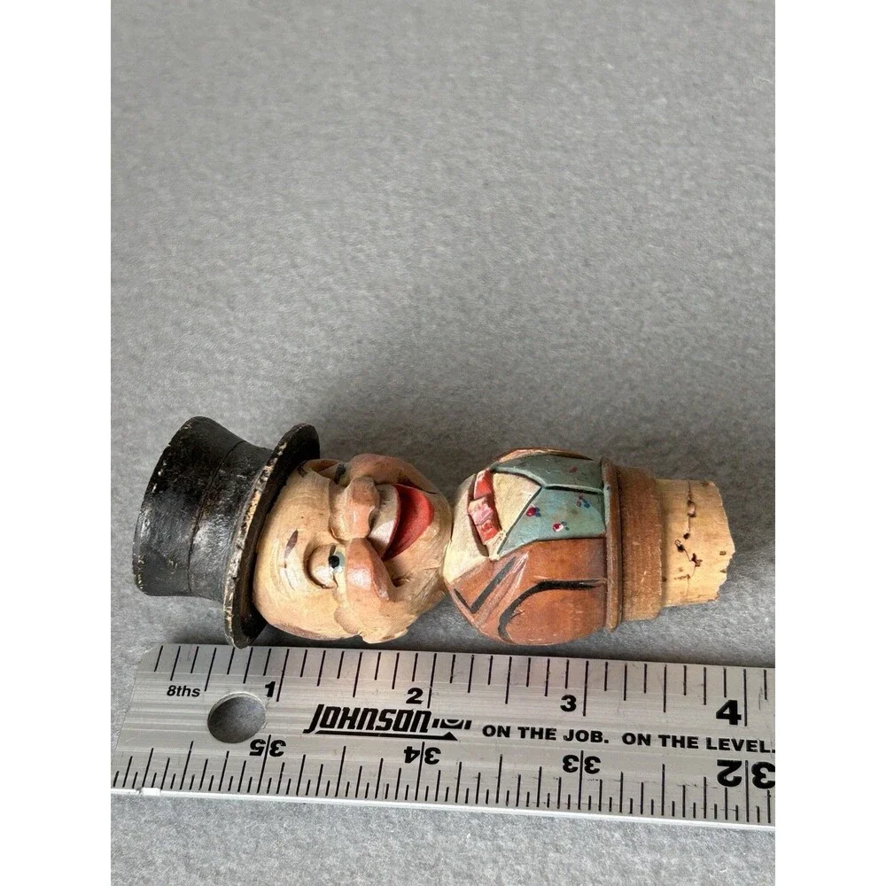 VTG Hand Carved Wood Cork Wine Bottle Stopper Kitschy German Man Bar Ware